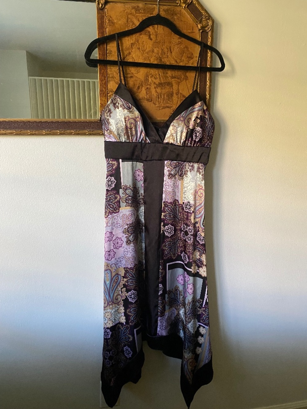 Vintage y2k Purple Satin Paisley Patchwork Asymmetrical Midi Dress Fairy Size 9